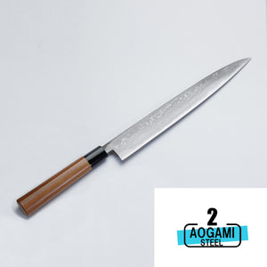 Open image in slideshow, &quot;HONMAMON&quot; Sashimi Knife Aogami Steel No.2 Damascus with Kurumi Handle

