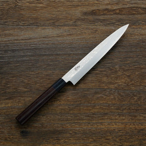 Open image in slideshow, &quot;SHIGEKATSU&quot; Yanagiba (Sashimi Knife) Shirogami No.2 Laminated Damascus shinogi handle
