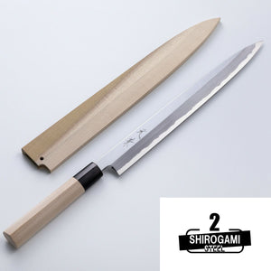 Open image in slideshow, HONMAMON &quot;MOTOKANE&quot; Sashimi Knife  Shirogami Steel No.2, 210mm~300mm with Wooden Case
