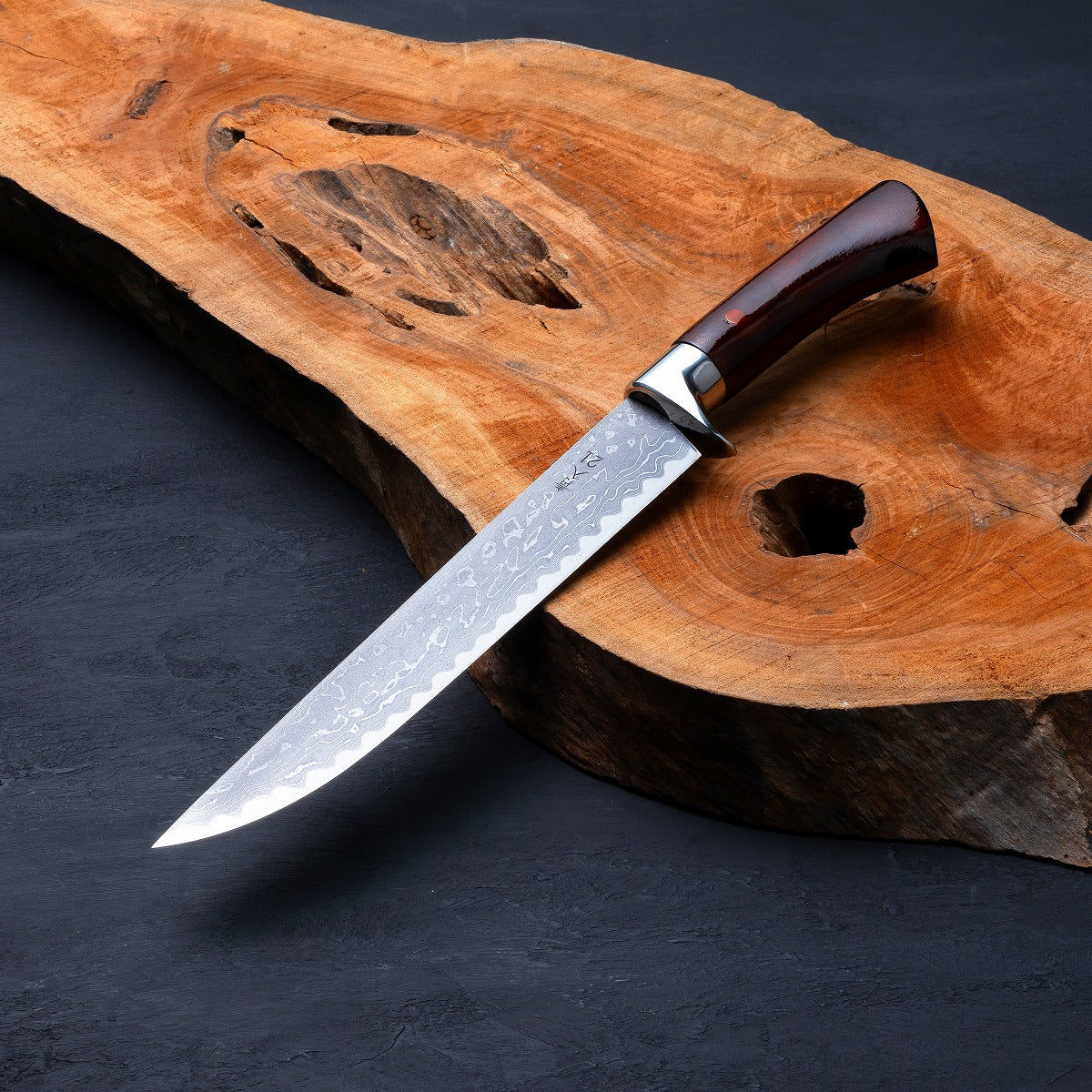 "AZUMASYUSAKU" Damascus Ranba (Wave Edge) Aogami Steel Hunting Knife