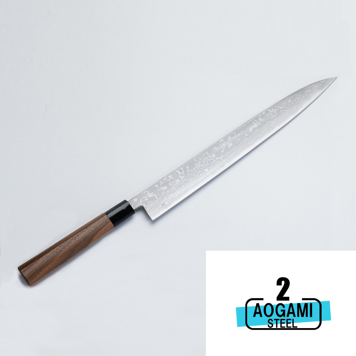 "HONMAMON" Sashimi Knife Aogami Steel No.2 Damascus with Kurumi Handle