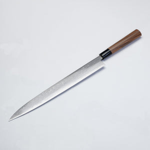 "HONMAMON" Sashimi Knife Aogami Steel No.2 Damascus with Kurumi Handle